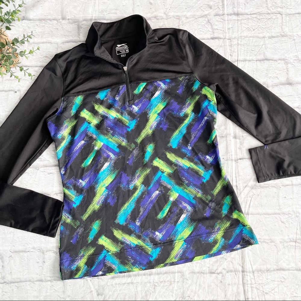 Slazenger Black Long Sleeve Pullover with Blue & Green Brushstroke Print